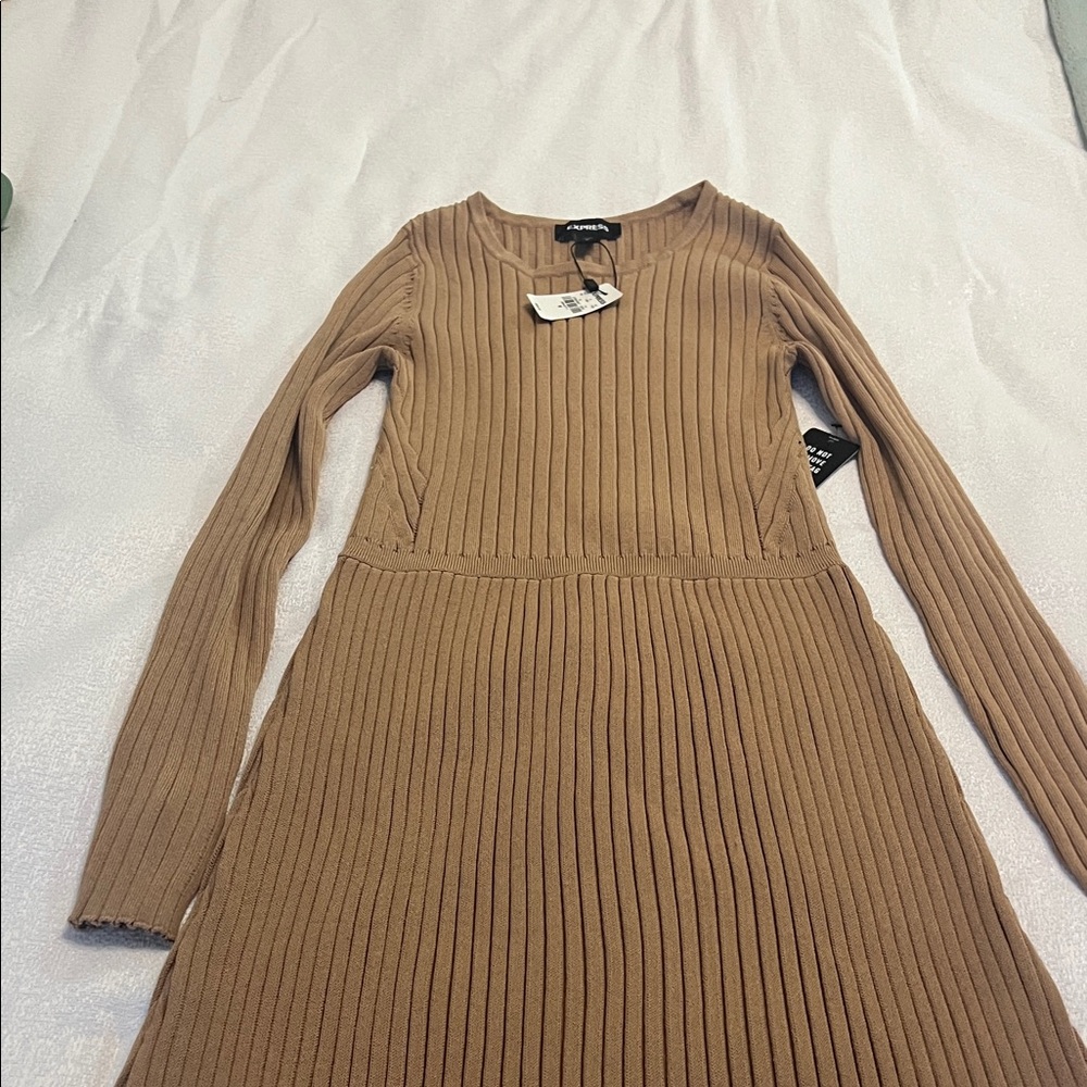 Express Camel Ribbed Long Sleeve Dress